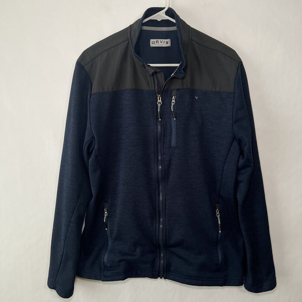 ORVIS Bonded Mesh Full Zip Jacket Men Size Medium Navy Blue Gray Nylon Shoulders